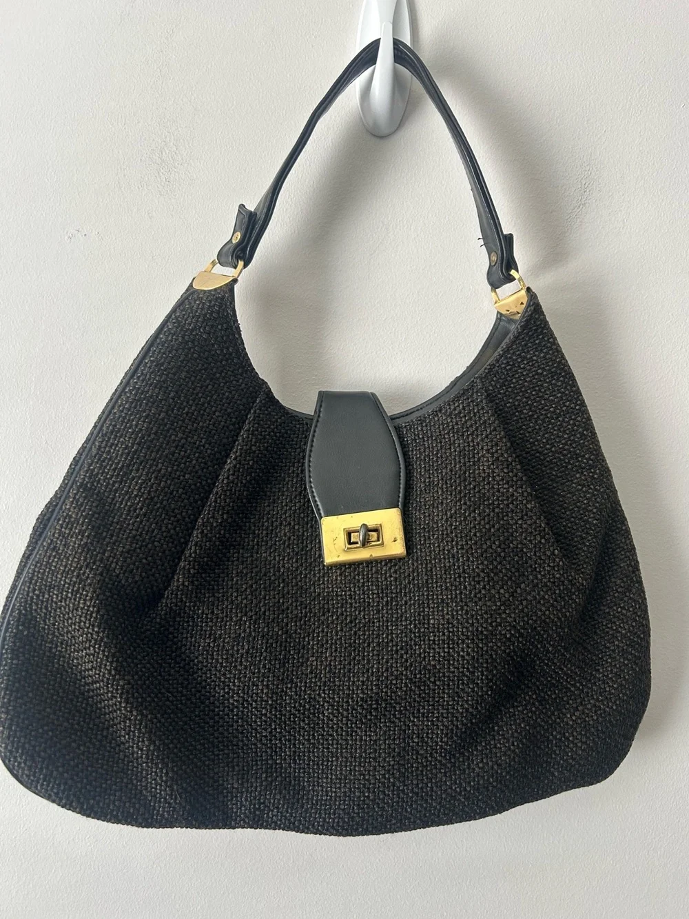 Vintage Black tweed Woven Shoulder Bag with Gold Hardware